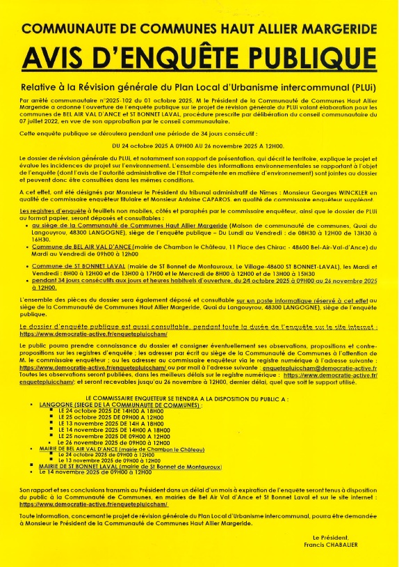 Enquête publique sur la révision générale du PLUi de la Communauté de communes Haut Allier Margeride